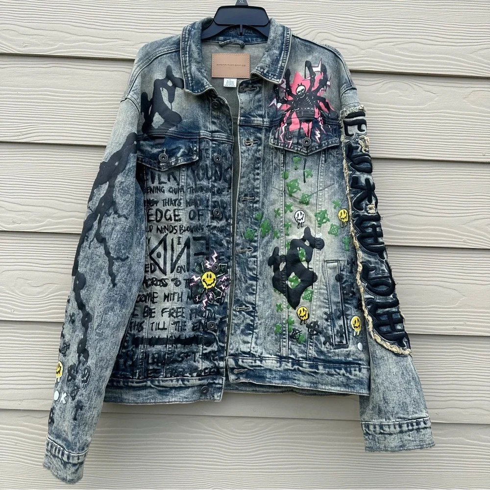 Smoke Rise Denim Jean Jacket Graffiti Streetwear‎ Distressed Stretch Men’s Large